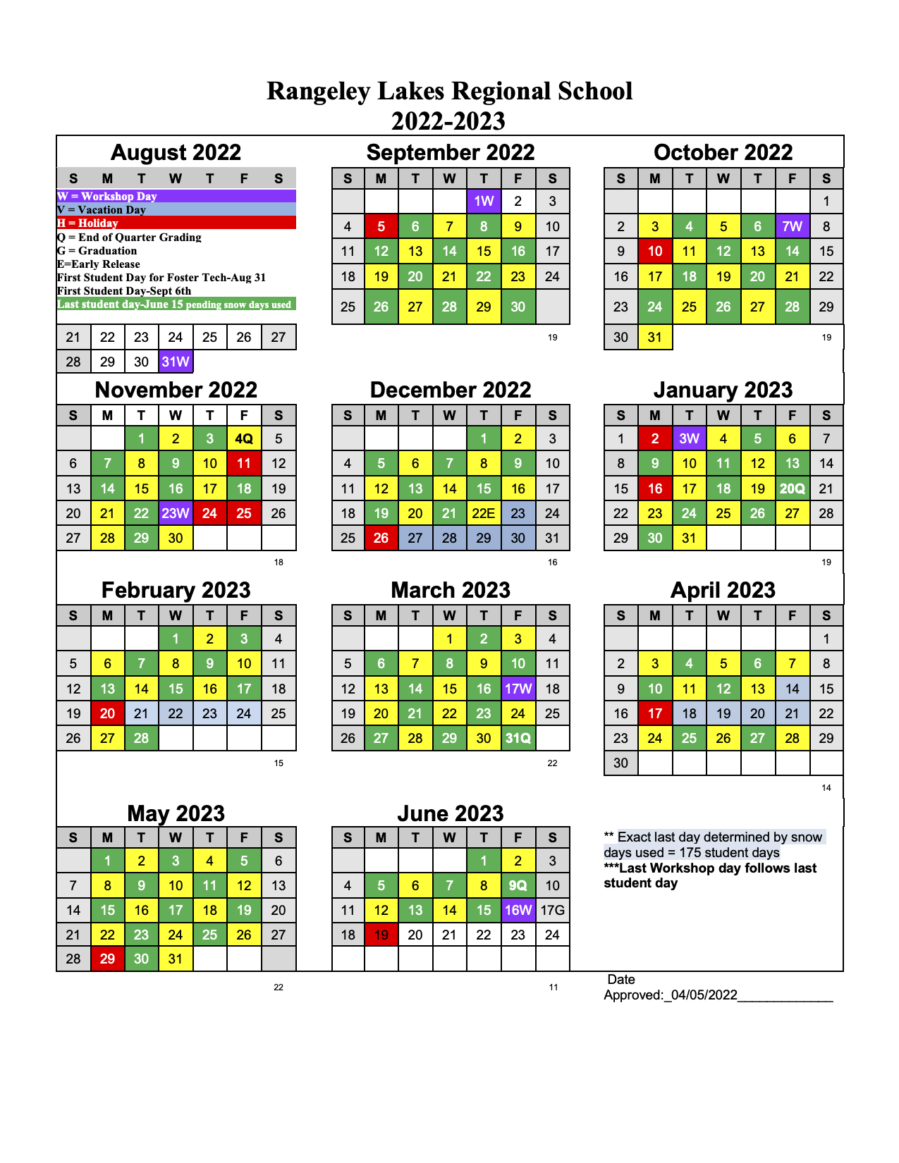Green/Gold Calendar Rangeley Lakes Regional School