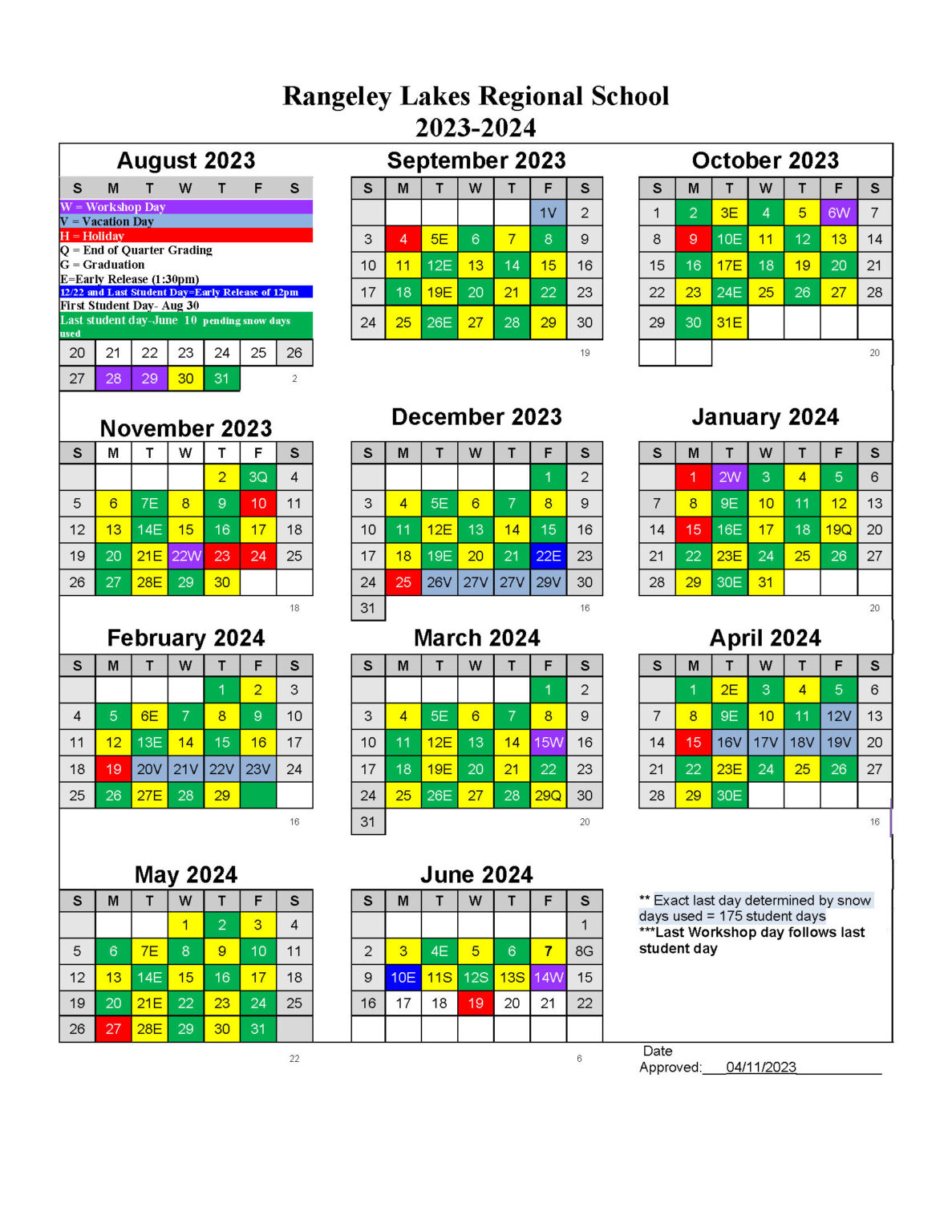 Green/Gold Calendar Rangeley Lakes Regional School